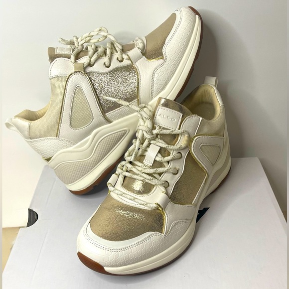 Aldo | White, Gold, & Cream Patchwork Platform Sneakers - Picture 1 of 6